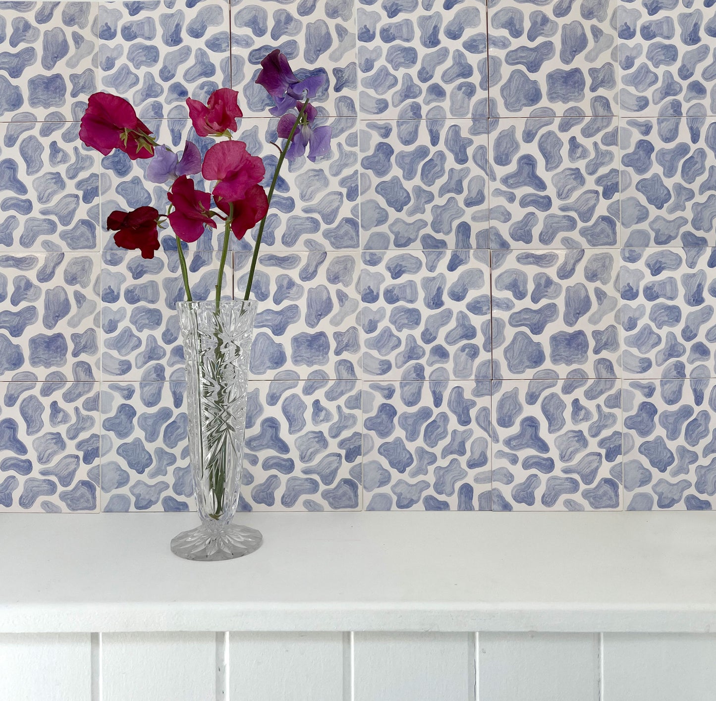Leopard hand painted tiles in Soft Blue & White