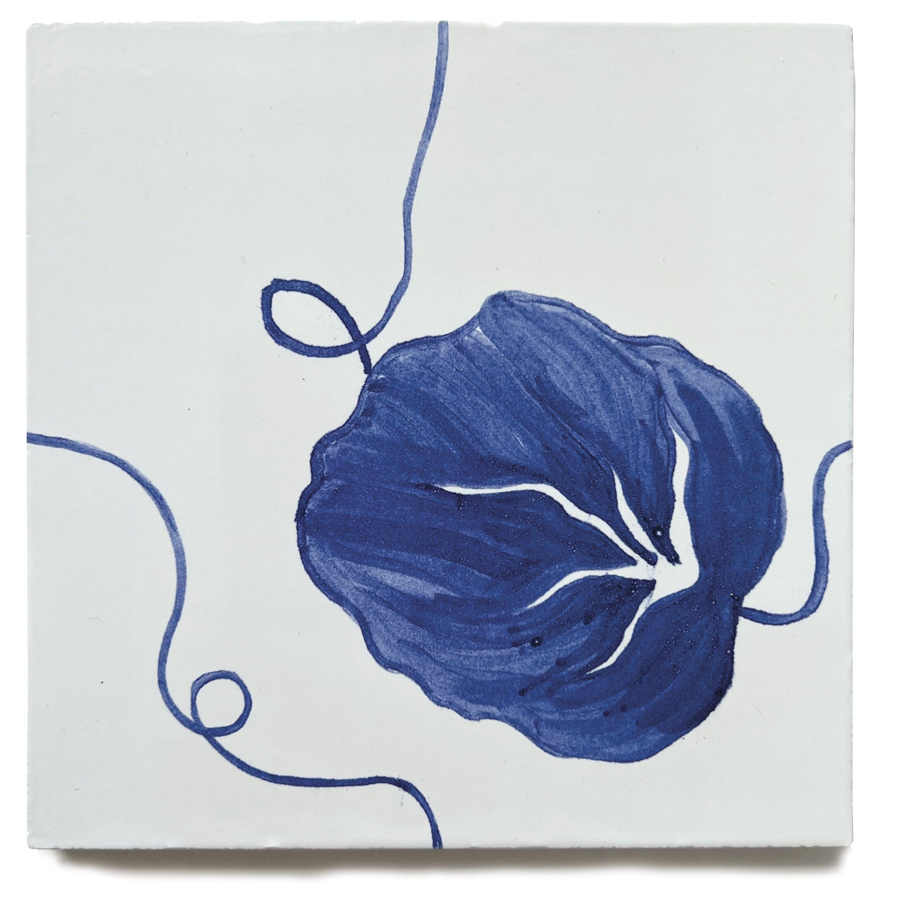 hand painted nasturtium tiles in cobalt blue and white. Blue and white decorative wall tiles for kitchens and bathrooms, hand painted in the UK.