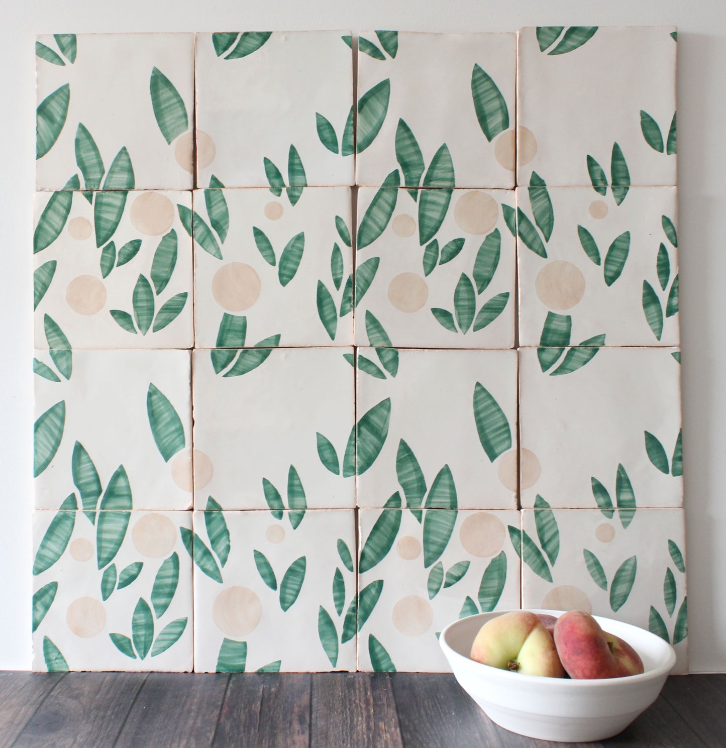 Cherry hand painted tiles in Pink & Green