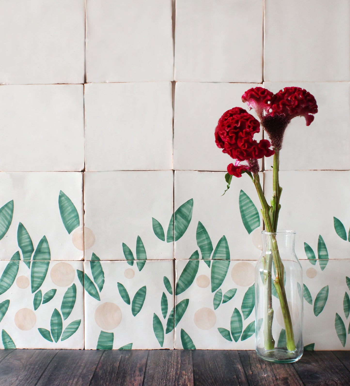 Cherry hand painted tiles in Pink & Green