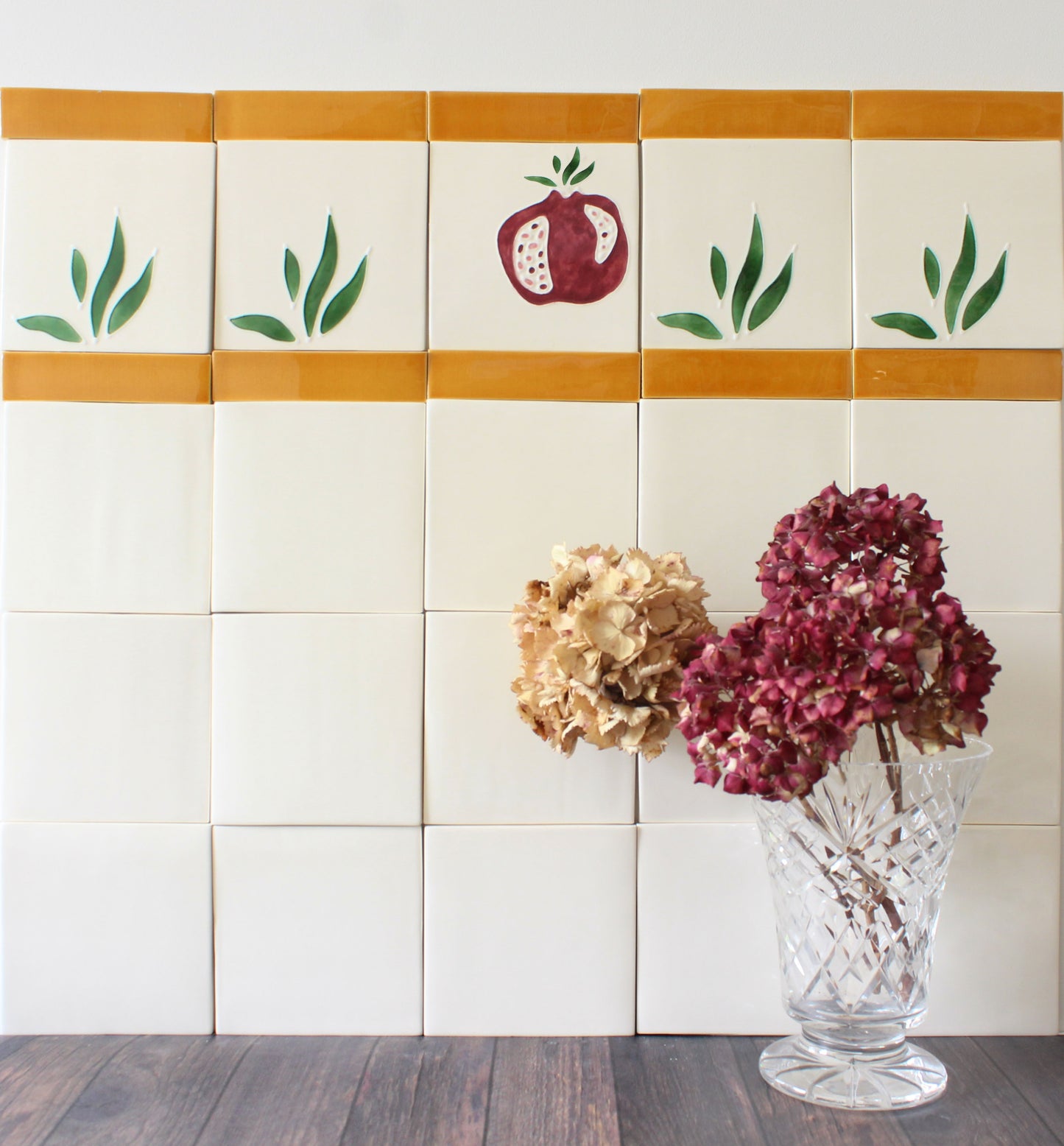 Pomegranate hand painted tiles in Pine