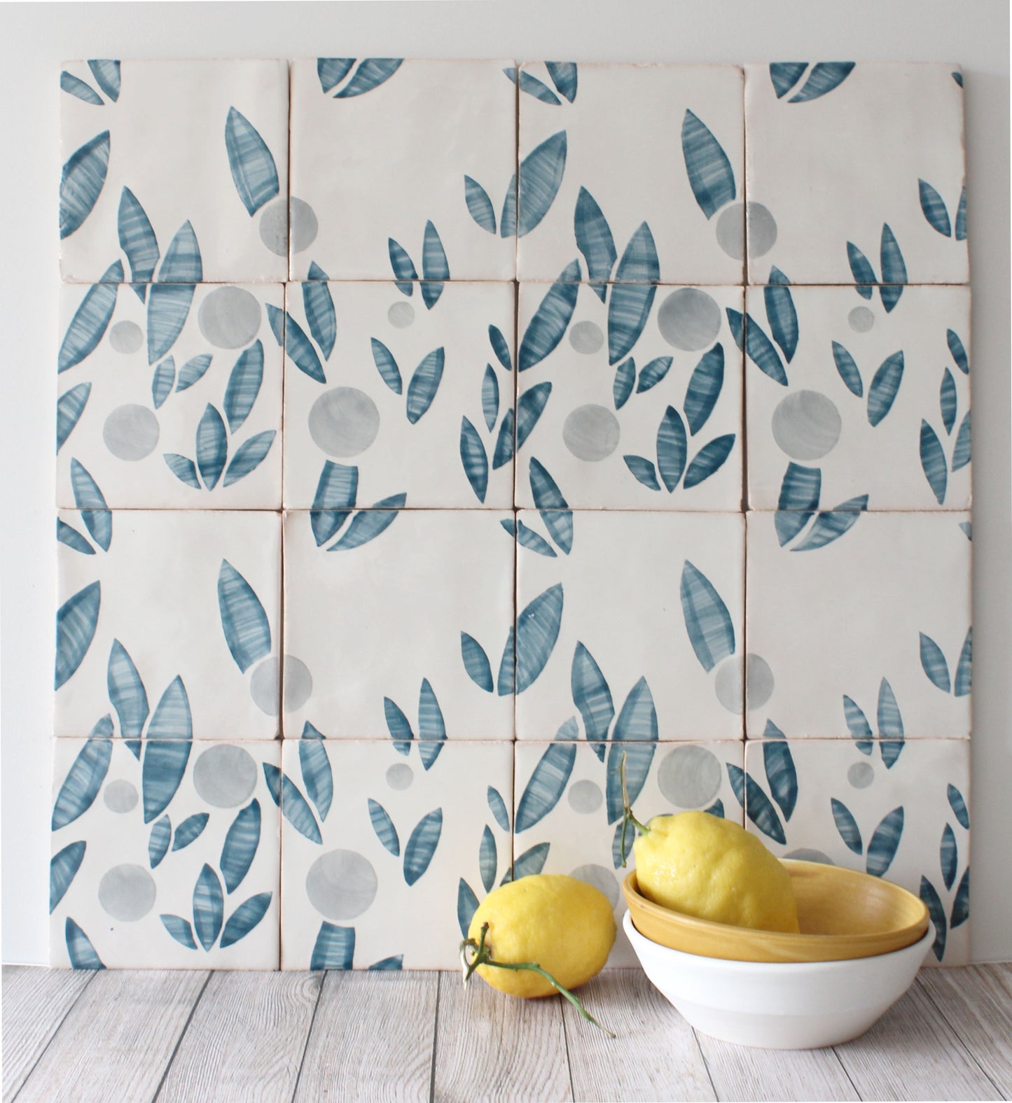 Cherry hand painted tiles in Blue Stone