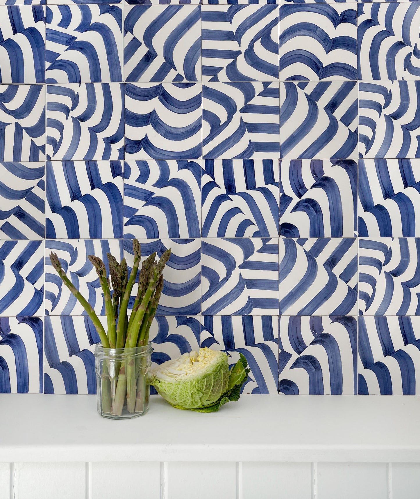 Curve hand painted tiles in Cobalt Blue & White