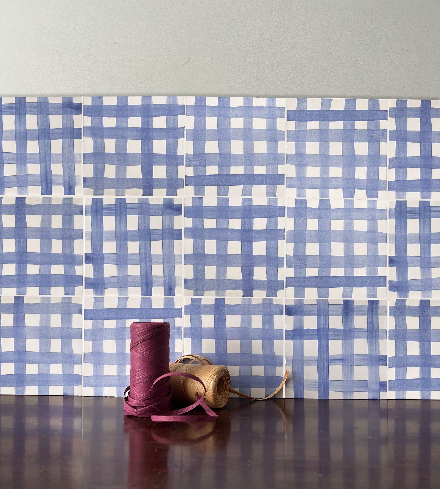 Gingham hand painted tiles in Cobalt Blue & White