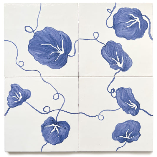 Wandering Nasturtium tile in cobalt blue and white by Feild. Hand painted tiles made in London.