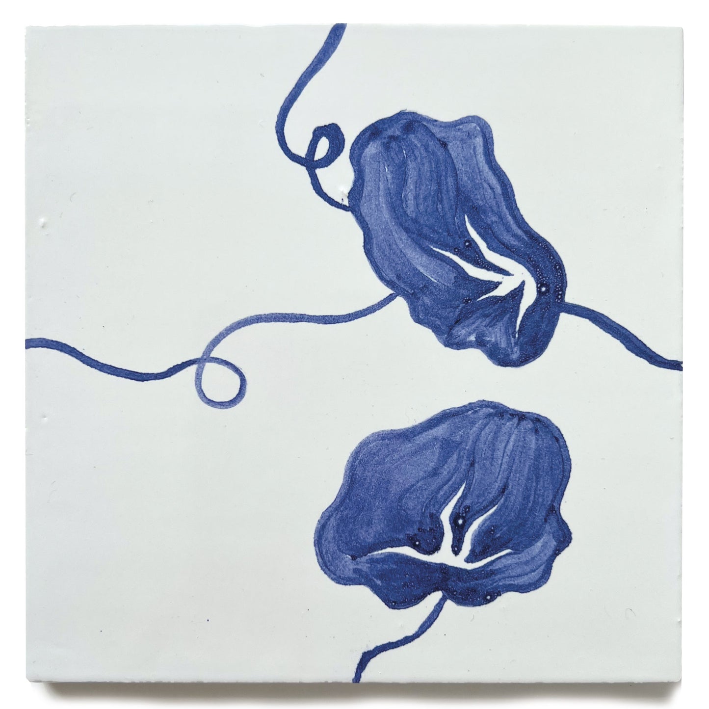 hand painted nasturtium tiles in cobalt blue and white. Blue and white decorative wall tiles for kitchens and bathrooms, hand painted in the UK.