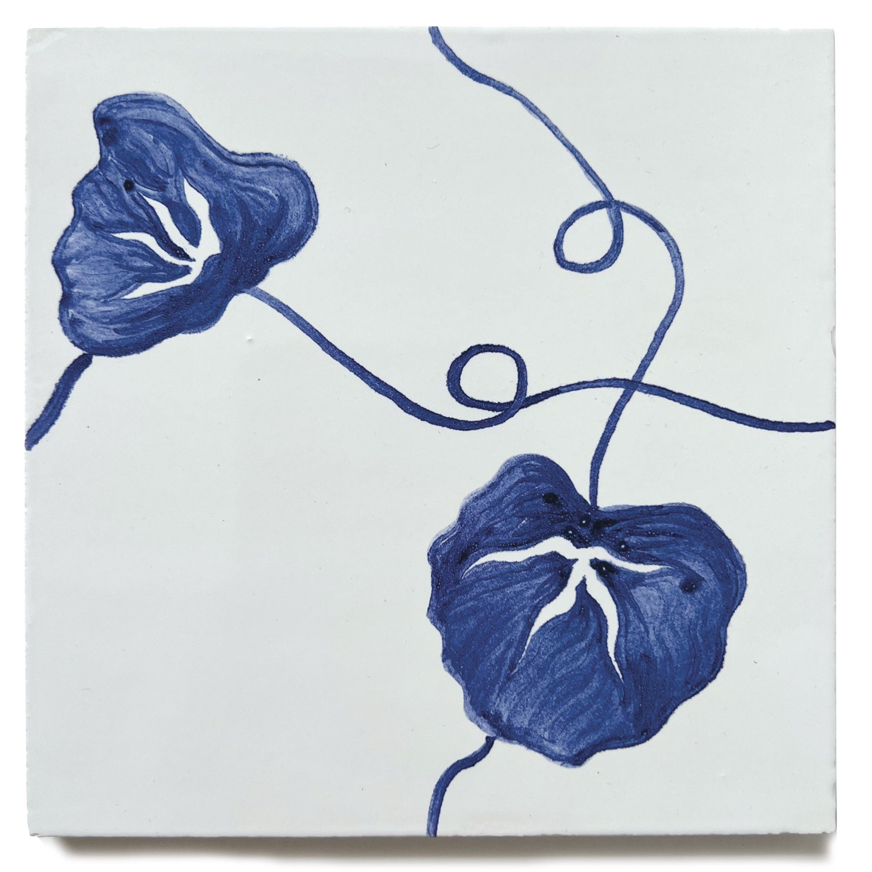 hand painted nasturtium tiles in cobalt blue and white. Blue and white decorative wall tiles for kitchens and bathrooms, hand painted in the UK.
