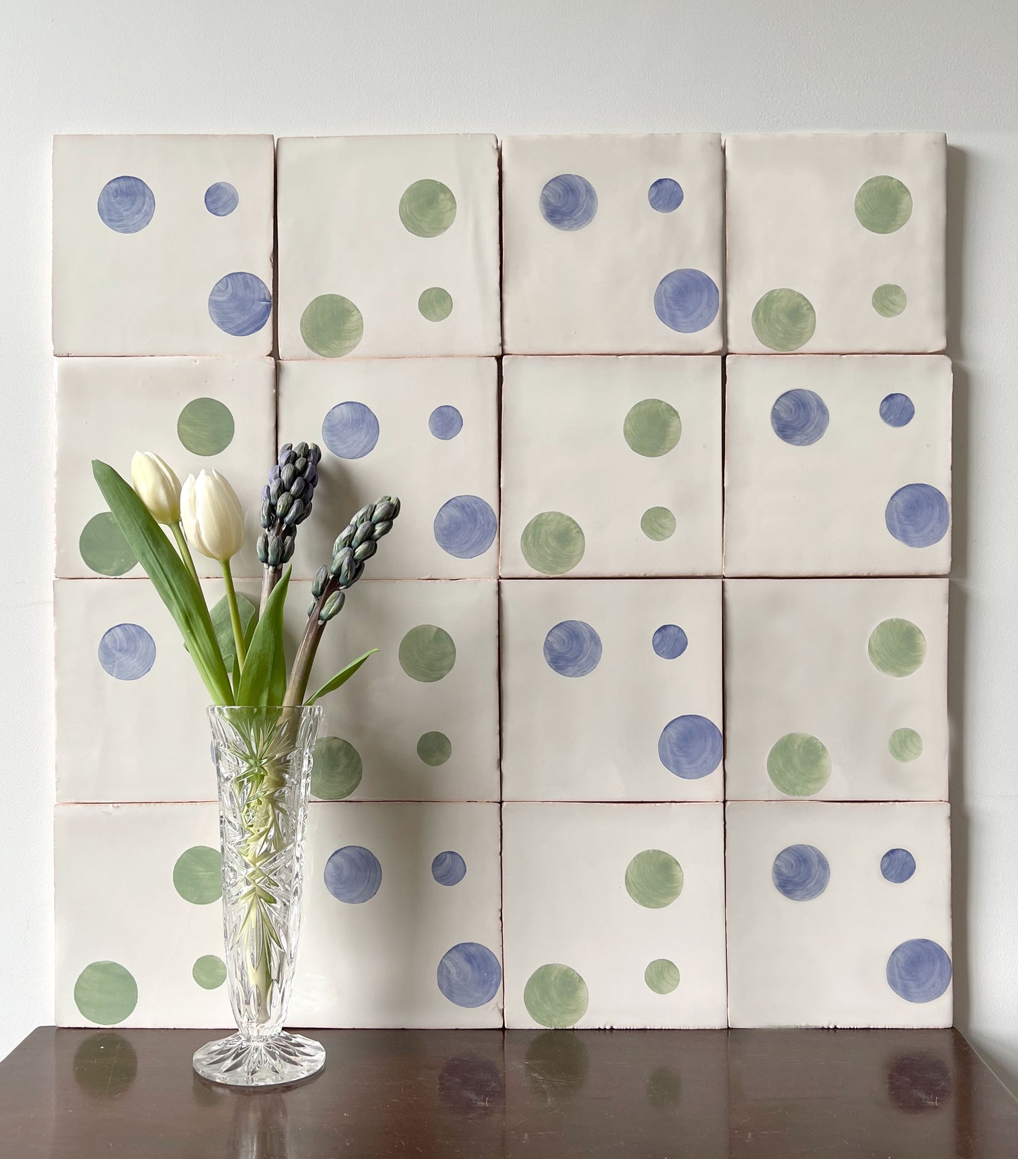 Spot tiles in Sage Green and Violet Blue