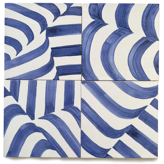 Curve hand painted tiles in Cobalt Blue & White